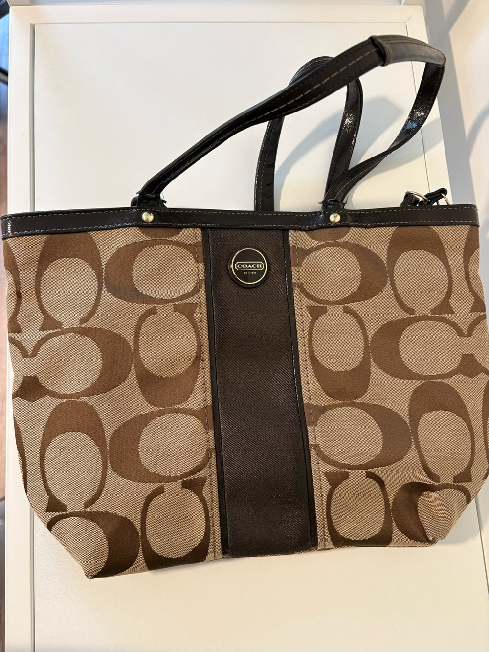 Coach Brown Signature Canvas Tote with Dark Brown Trim